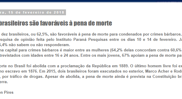 Blog do Edmilson Sousa divulga pesquisa nacional realizado pela Paraná Pesquisas sobre à pena de morte para crimes bárbaros