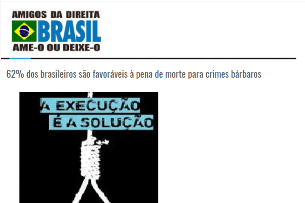 Blog Amigos da Direita divulga pesquisa nacional realizado pela Paraná Pesquisas sobre à pena de morte para crimes bárbaros