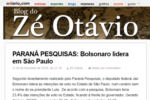 O Diário - Blog do Zé Otávio divulga pesquisa realizada no Estado de São Paulo sobre a disputa eleitoral para Presidente do Brasil