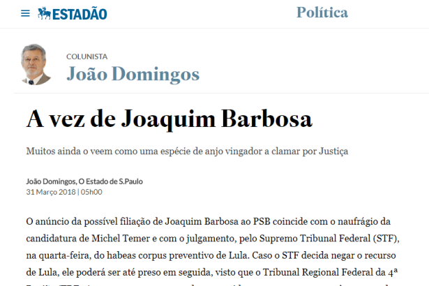 Jornal O Estadão - Colunista João Domingos cita em matéria o Instituto Paraná Pesquisas