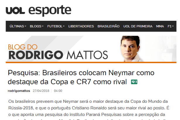 UOL Esporte - Colunista Rodrigo Mattos divulga pesquisa nacional realizado pela Paraná Pesquisas com a opinião dos Brasileiros sobre a Copa do Mundo de 2018
