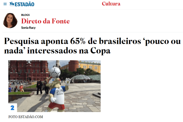 O Estadão - Blogs Direto da Fonte divulga pesquisa nacional realizado pela Paraná Pesquisas com a opinião dos Brasileiros sobre a Copa do Mundo de 2018