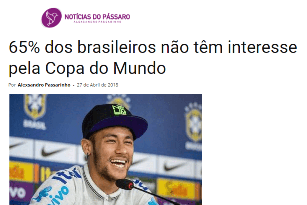 Portal Notícias do Pássaro divulga pesquisa nacional realizado pela Paraná Pesquisas com a opinião dos Brasileiros sobre a Copa do Mundo de 2018