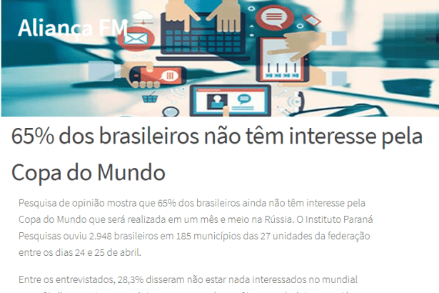 Rádio Aliança FM divulga pesquisa nacional realizado pela Paraná Pesquisas com a opinião dos Brasileiros sobre a Copa do Mundo de 2018