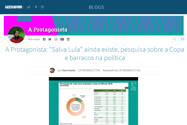 Gazeta do Povo - Blog A Protagonista divulga pesquisa nacional realizado pela Paraná Pesquisas com a opinião dos Brasileiros sobre a Copa do Mundo de 2018