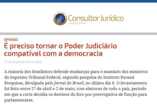 Portal Consultor Jurídico cita em matéria pesquisa realizada pelo Instituto Paraná Pesquisas