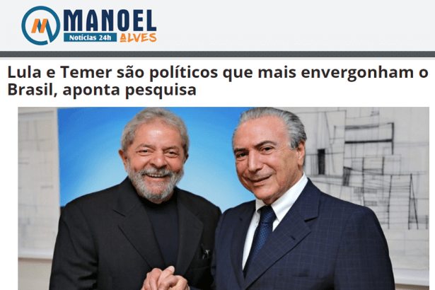 Manoel Alves divulga pesquisa nacional realizado pela Paraná Pesquisas sobre o político que mais envergonha o Brasil