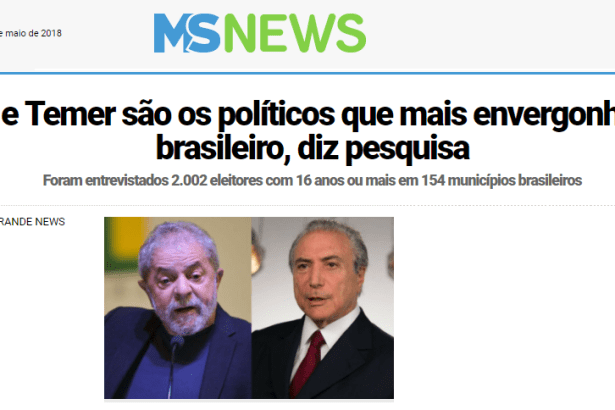 Portal MS News divulga pesquisa nacional realizado pela Paraná Pesquisas sobre o político que mais envergonha o Brasil