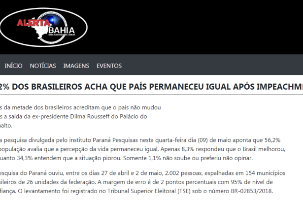 Alerta Bahia divulga pesquisa nacional sobre a vida dos brasileiros após o Impeachment da ex-Presidente Dilma Rousseff