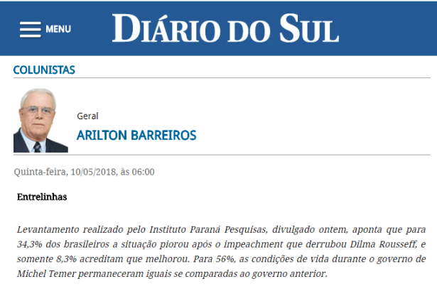 Diário do Sul cita pesquisa nacional sobre a vida dos brasileiros após o Impeachment da ex-Presidente Dilma Rousseff
