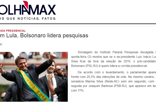 FolhaMax divulga pesquisa nacional realizado pela Paraná Pesquisas sobre a disputa eleitoral para Presidente do Brasil
