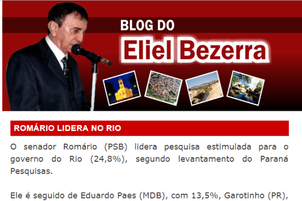 Blog do Eliel Bezerra divulga pesquisa realizada no Estado do Rio de Janeiro sobre a disputa eleitoral para Governador do Estado