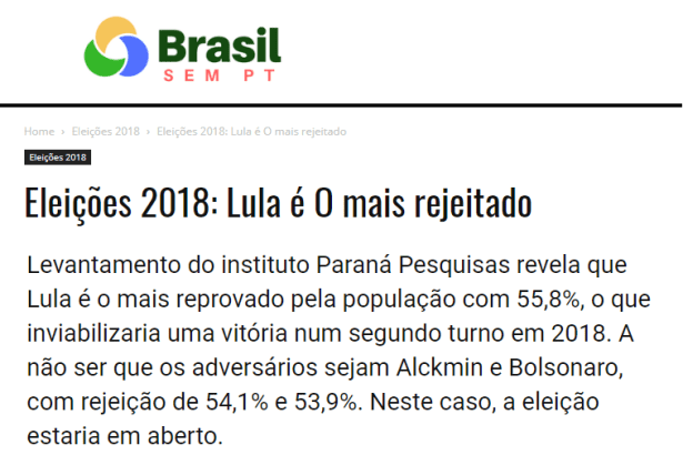 Portal Brasil Sem PT divulga pesquisa realizada pela Paraná Pesquisas