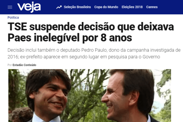 Revista Veja divulga pesquisa realizada no Estado do Rio de Janeiro sobre a disputa eleitoral para Governador do Estado