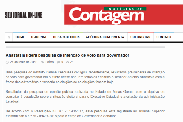 Notícias de Contagem divulga pesquisa realizada no Estado de Minas Gerais sobre a disputa eleitoral para Governador do Estado