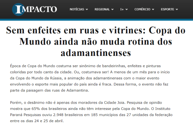 Portal Impacto divulga pesquisa nacional realizado pela Paraná Pesquisas com a opinião dos Brasileiros sobre a Copa do Mundo de 2018