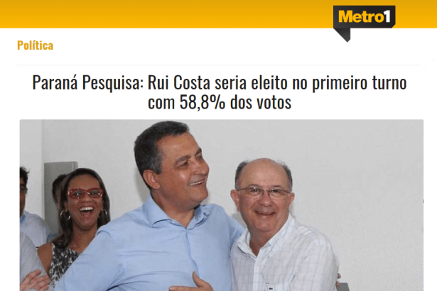 Portal Metro 1 divulga pesquisa realizada no Estado da Bahia sobre a disputa eleitoral para Governador do Estado