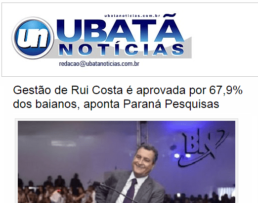 Ubatã Notícias divulga pesquisa realizada no Estado da Bahia sobre a popularidade do Governador Rui Costa