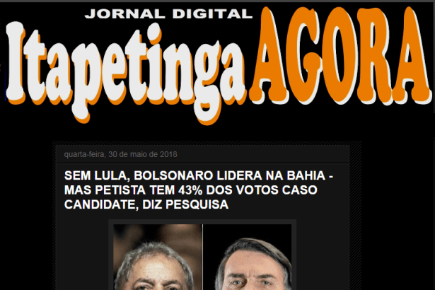 Itapetinga Agora divulga pesquisa realizada no Estado da Bahia sobre a disputa eleitoral para Presidente do Brasil