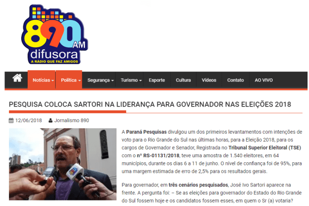 Rádio Difusora 890 divulga pesquisa realizada no Estado do Rio Grande do Sul sobre a disputa eleitoral para Governador