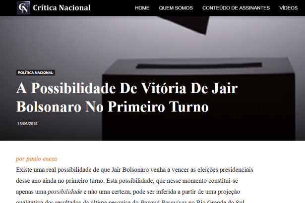 Portal Crítica Nacional divulga pesquisa realizada no Estado do Rio Grande do Sul sobre a disputa eleitoral para Presidente do Brasil