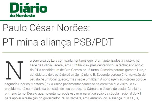 Diário do Nordeste cita em matéria pesquisa realizado pela Paraná Pesquisas