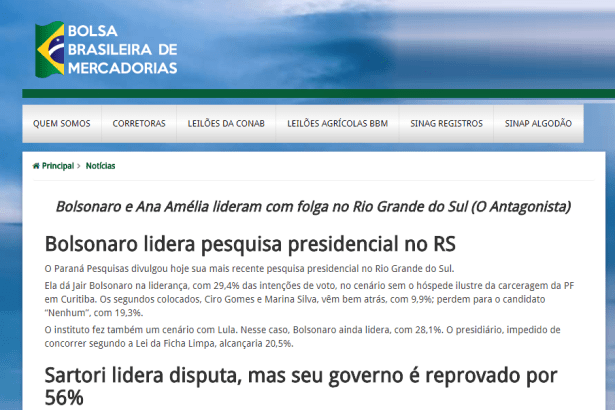 Portal Bolsa Brasileira de Mercadorias cita em matéria pesquisa realizada pela Paraná Pesquisas