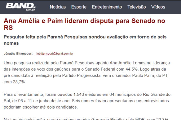 Portal Band Notícias divulga pesquisa realizada no Estado do Rio Grande do Sul sobre a disputa eleitoral para Senador(a)