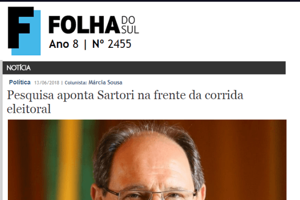 Jornal Folha do Sul divulga pesquisa realizada no Estado do Rio Grande do Sul sobre a disputa eleitoral para Governador