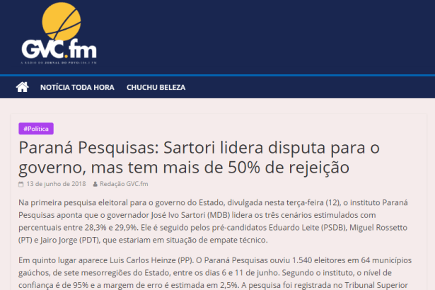 Rádio GVC.FM divulga pesquisa realizada no Estado do Rio Grande do Sul sobre a disputa eleitoral para Governador