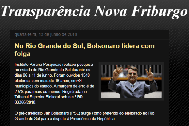 Transparência Nova Friburgo cita pesquisa realizada no Estado do Rio Grande do Sul sobre a disputa eleitoral para Presidente do Brasil