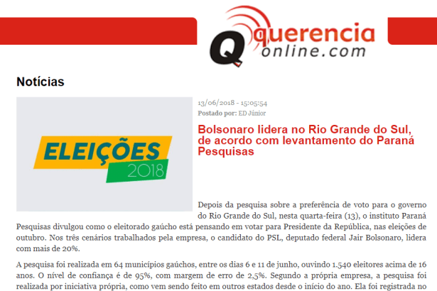 Querencia Online divulga pesquisa realizada no Estado do Rio Grande do Sul sobre a disputa eleitoral para Presidente do Brasil