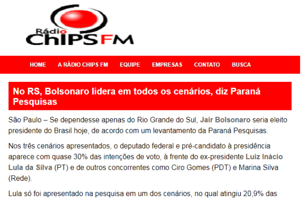 Rádio Chips FM divulga pesquisa realizada no Estado do Rio Grande do Sul sobre a disputa eleitoral para Presidente do Brasil