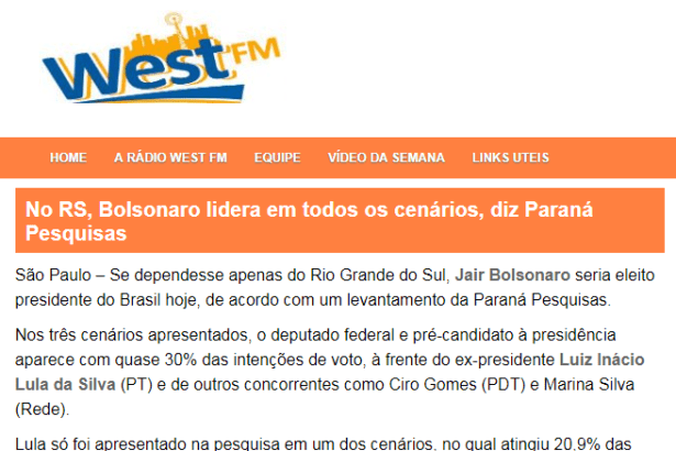Rádio West FM divulga pesquisa realizada no Estado do Rio Grande do Sul sobre a disputa eleitoral para Presidente do Brasil