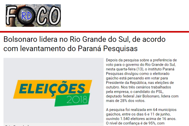 Portal RD Foco divulga pesquisa realizada no Estado do Rio Grande do Sul sobre a disputa eleitoral para Presidente do Brasil