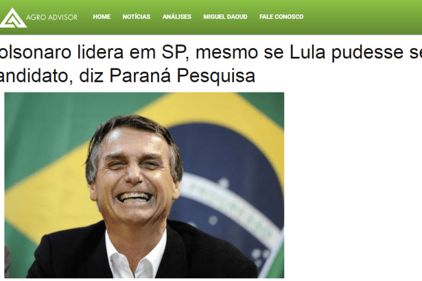 Portal Agro Advisor divulga pesquisa realizada no Estado de São Paulo sobre a disputa eleitoral para Presidente do Brasil