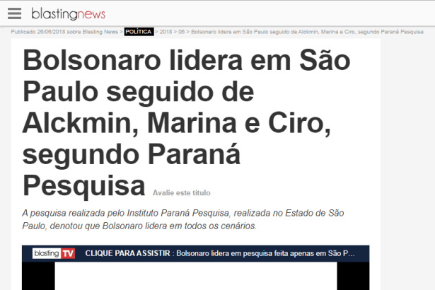 Portal Blastingnews cita em matéria pesquisa realizada pela Paraná Pesquisas