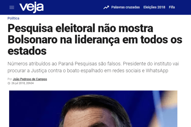 Veja.com - Blog Me Engana que Eu Posto divulga em matéria esclarecimentos sobre a notícia falsa que envolve o nome do Instituto Paraná Pesquisas