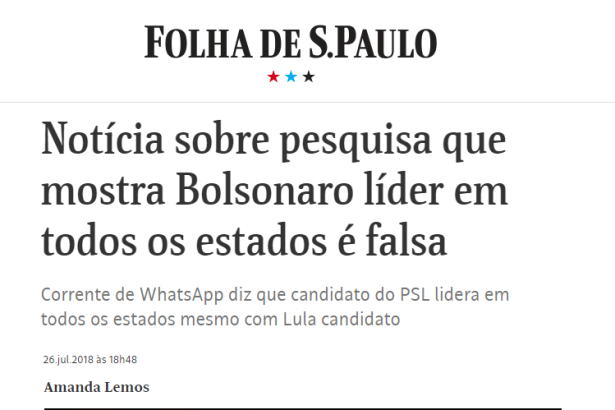 Jornal Folha De S.Paulo divulga em matéria esclarecimentos sobre a notícia falsa que envolve o nome do Instituto Paraná Pesquisas