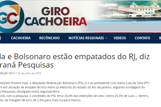 Giro Cachoeira divulga pesquisa realizada no Estado do Rio de Janeiro sobre a disputa eleitoral para Presidente do Brasil