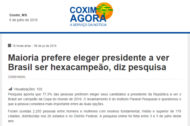 Portal Coxim Agora divulga pesquisa nacional realizado pela Paraná Pesquisas com a opinião dos Brasileiros sobre a Copa do Mundo