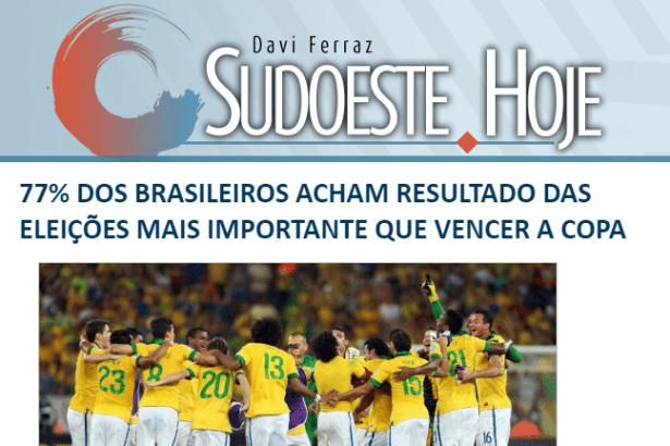 Portal Sudoeste Hoje divulga pesquisa nacional com a opinião dos Brasileiros sobre a Copa do Mundo e as Eleições desse ano
