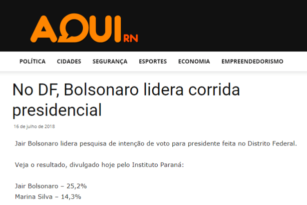 Portal Aqui RN divulga pesquisa realizada no Distrito Federal sobre a disputa eleitoral para Presidente do Brasil
