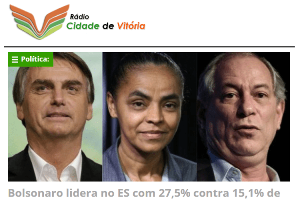 Rádio Cidade de Vitória divulga pesquisa realizada no Estado do Espírito Santo sobre a disputa eleitoral para Presidente do Brasil