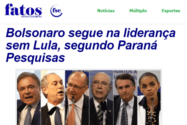 Fatos Santa Catarina divulga pesquisa nacional realizado pela Paraná Pesquisas sobre a disputa eleitoral para Presidente do Brasil