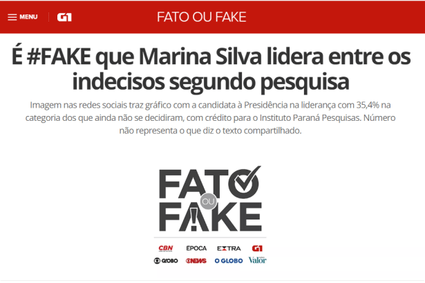G1 - Globo.com - Fato-ou-Fake divulga em matéria esclarecimentos sobre a notícia falsa que envolve o nome do Instituto Paraná Pesquisas