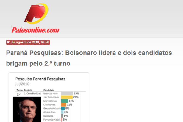 Portal Patos Online divulga pesquisa nacional realizado pela Paraná Pesquisas sobre a disputa eleitoral para Presidente do Brasil