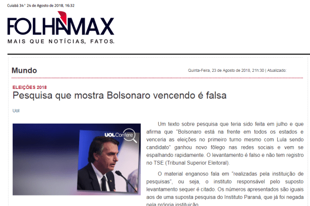 Portal Folhamax divulga esclarecimentos sobre a notícia falsa que envolve o nome do Instituto Paraná Pesquisas