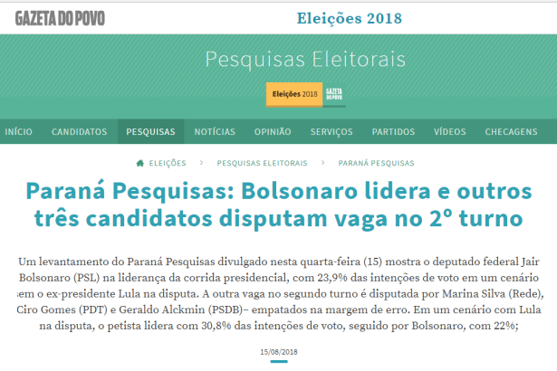 Gazeta do Povo - Especiais divulga pesquisa nacional realizado pela Paraná Pesquisas sobre a disputa eleitoral para Presidente do Brasil
