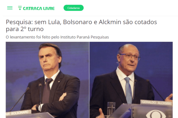 Portal Catraca Livre divulga pesquisa nacional realizado pela Paraná Pesquisas sobre a disputa eleitoral para Presidente do Brasil